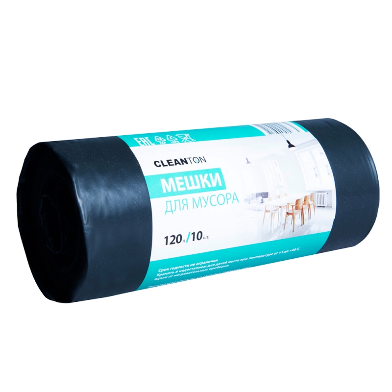 Мешки для мусора 120л 10шт/рулон ПВД Cleanton 50мкм 70*110см цв.черный