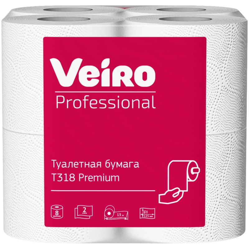 Бумага туалетная  Veiro Professional Premium в стандартных рулонах, 8 рул, 15м, 2 слоя