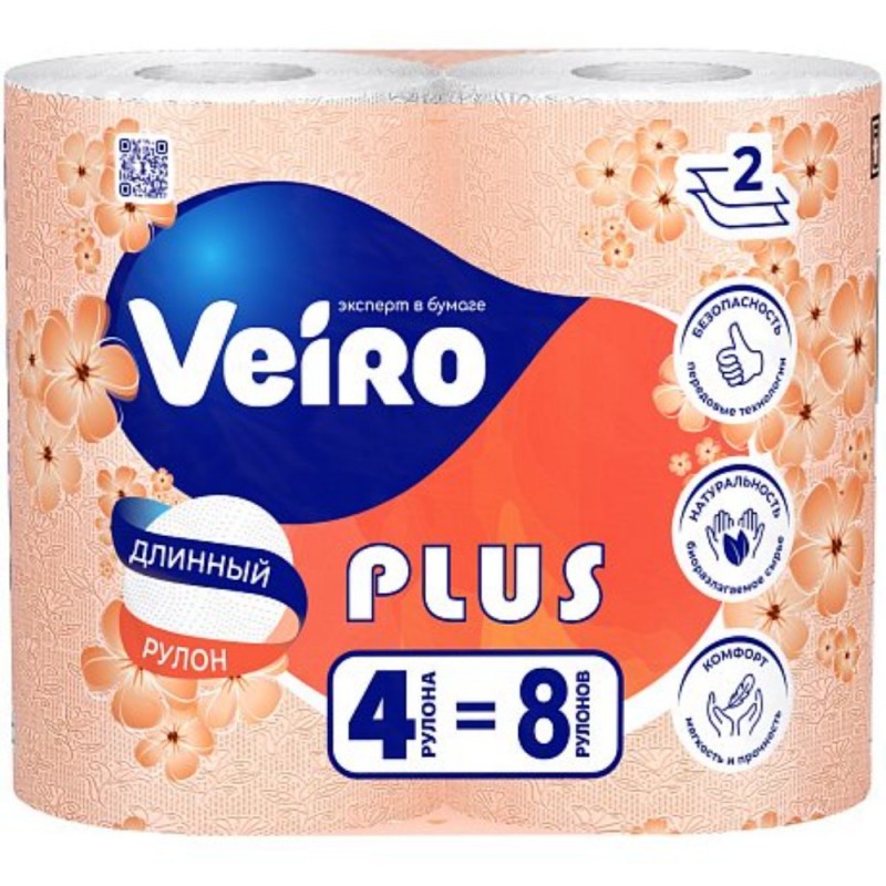 Бумага туалетная  Veiro Plus, 4 рул, цв.белый, 2-сл.