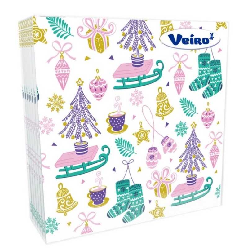 Салфетки бумажные Veiro 33*33см с рисунком Елки и санки, 20шт