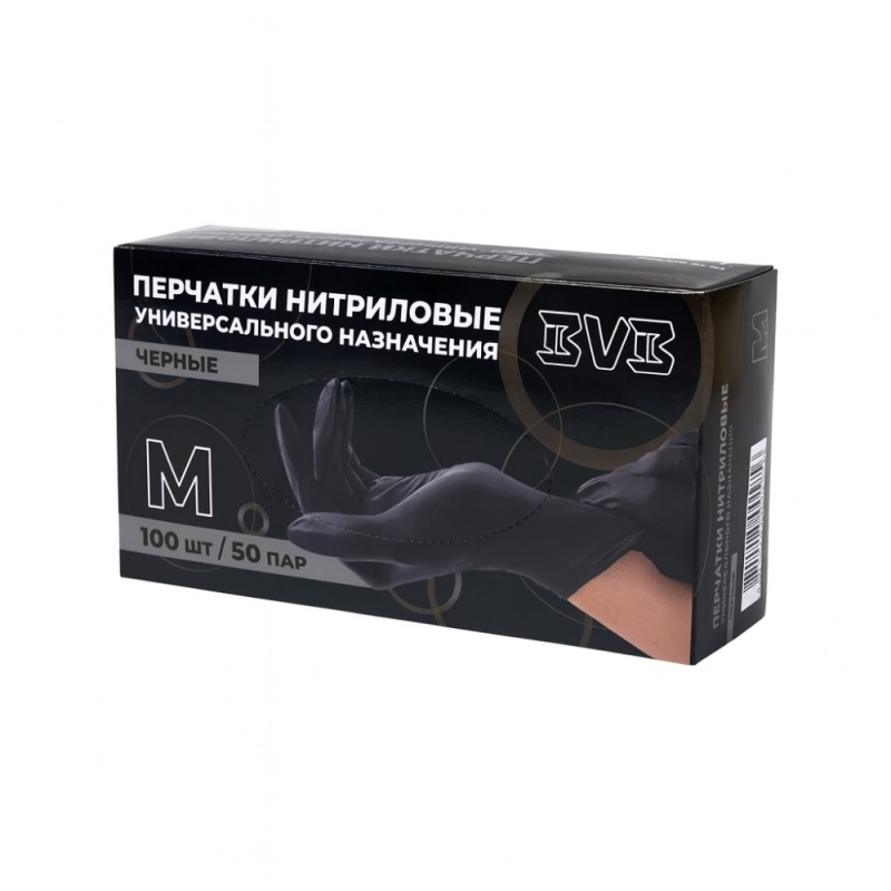 Перчатки нитриловые  неопудренные одноразовые  BVB, р-р M 100 шт./уп. черный