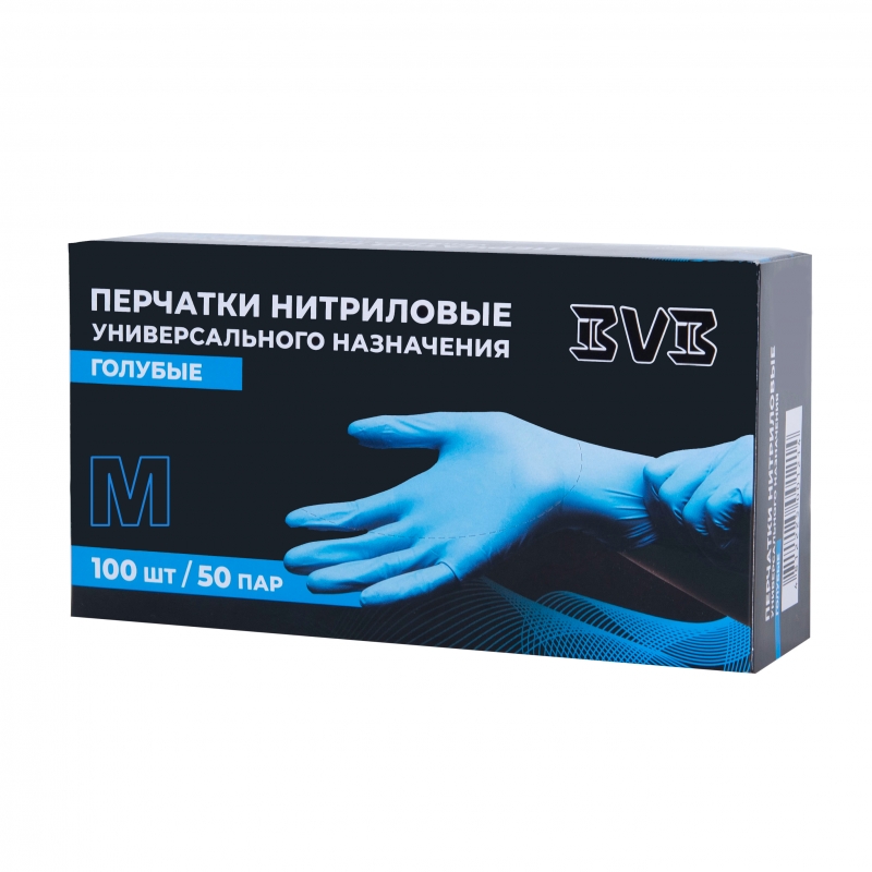 Перчатки нитриловые  неопудренные одноразовые  BVB, р-р M 100 шт./уп. голубой